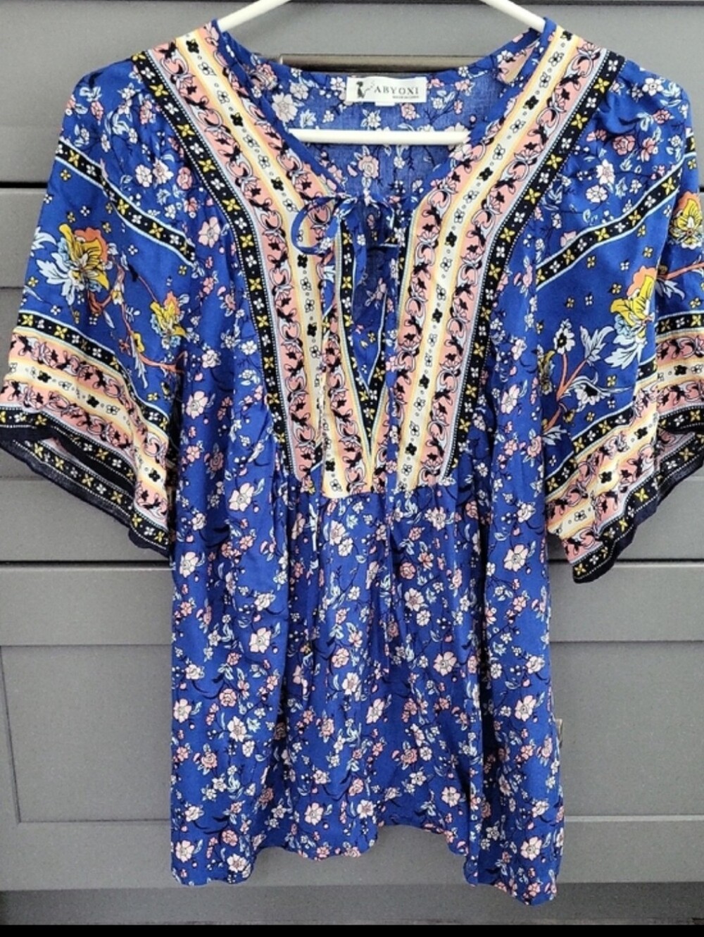 Royal Blue Floral Peasant Tie-Neck Blouse